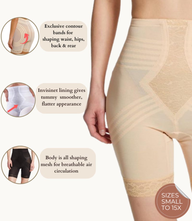 Rago 6209 High Waist Thigh Shaper | Size Sm - 15X | Made in USA | Flex Fit | No Top Roll | Firm - Extra Firm Tummy-Thigh Control Beige - Image 4